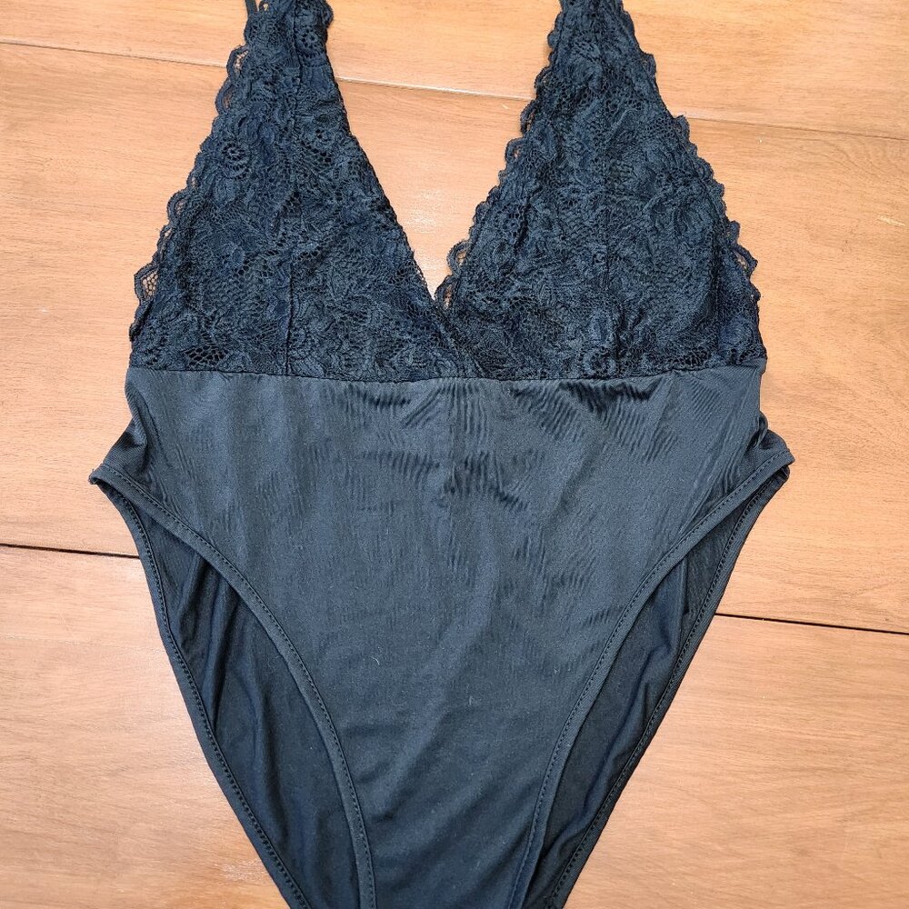 Black deep v front body suit